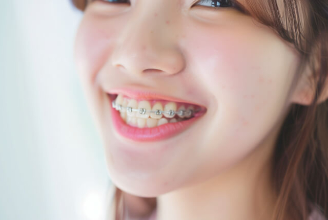 鏡で歯を見て微笑む女性